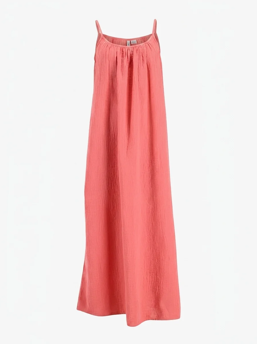 Coral maxi dress in an isolated ghost mannequin presentation