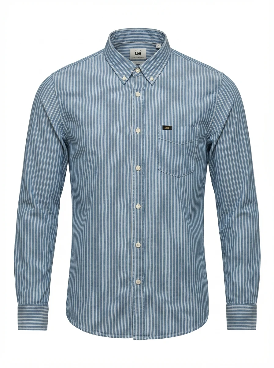 Striped button-down shirt with a hollow collar on a white background