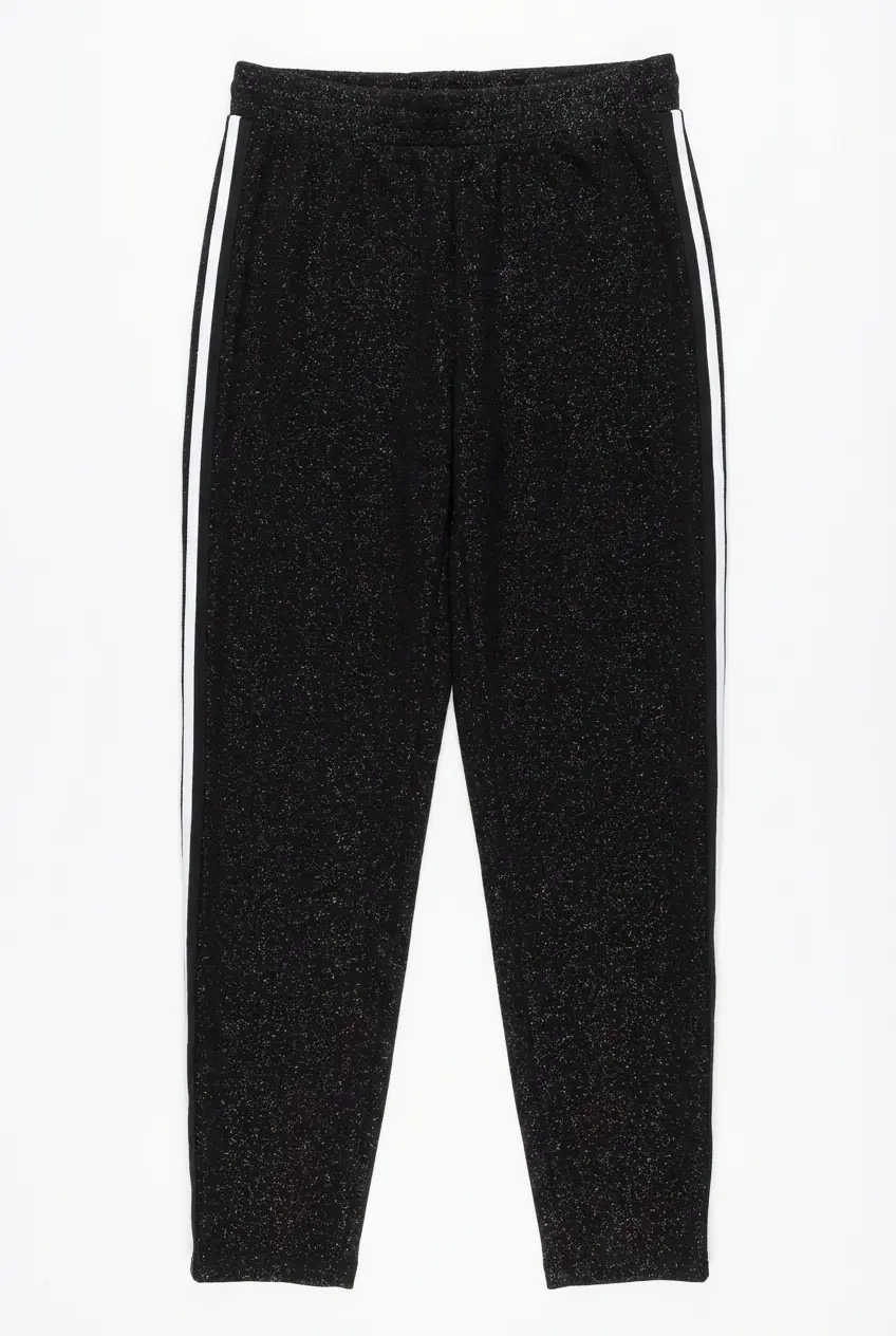 Black track pants with white stripe flatlay